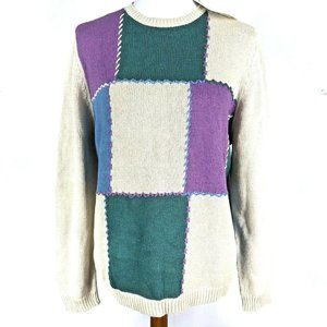 Ms Lee Colorblock Knit Pullover Sweater Teal Blue